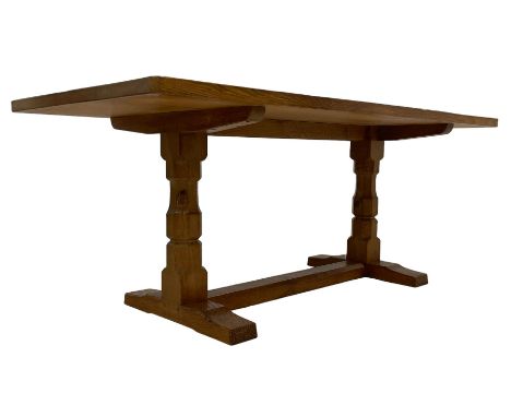 Mouseman - adzed oak 6ft refectory dining table, rectangular plank top, raised on twin octagonal end supports on sledge feet 