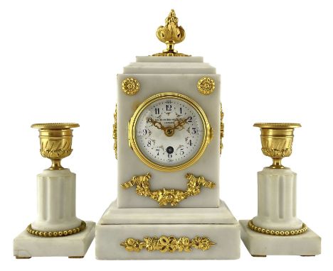 Sir John Bennet of London - white marble 8-day timepiece mantle clock c1910, marble case with a stepped pediment surmounted b