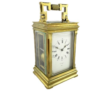 Henri Marc - French striking and repeating 8-day carriage clock, the anglaise case with an enamel dial, blued steel hands and