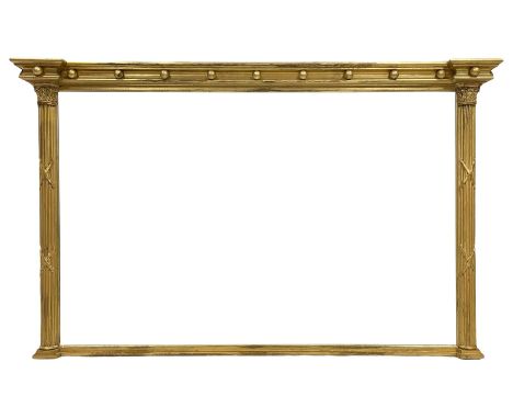 Regency style giltwood overmantel mirror, moulded projecting cornice with applied ball decoration, bevelled mirror plate flan
