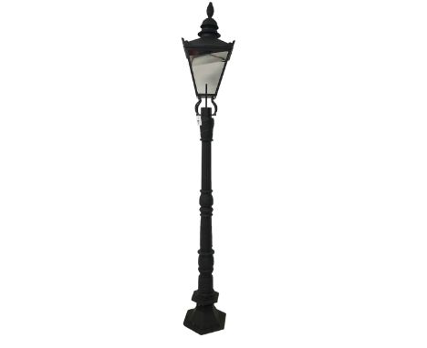 Victorian design cast iron street lamp with black lantern top, the fluted column and turned with foliate design, on octagonal