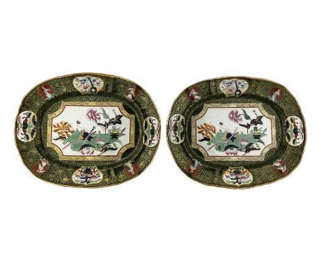 Pair of Victorian Ashworth Bros Ironstone meat plates decorated in the 'Trophy' pattern on green ground, impressed and printe