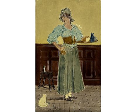 Large Burmantofts Faience architectural tile plaque, 'The Maide at the Inne' designed by William James Neatby, of rectangular