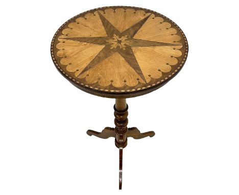 19th century birch, walnut, satinwood and fruitwood occasional table, the circular top with large central star motif within a