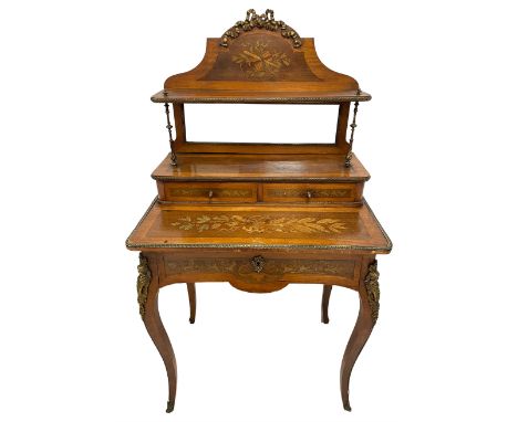 Early to mid-20th century French satinwood and marquetry Bonheur du Jour,  the raised shaped back with a gilt metal ribbon ti