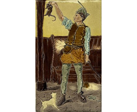 Large Burmantofts Faience architectural tile plaque, 'The Stayble Man' designed by William James Neatby, of rectangular form,