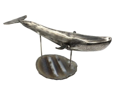 Modern silver model of a Blue Whale on agate slice stand, hallmarked Jon Braganza, London 2023, with Charles III coronation m