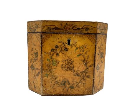 George III octagonal tea caddy, the cover painted with an exotic bird perched on a flowering branch, the front panel centrall