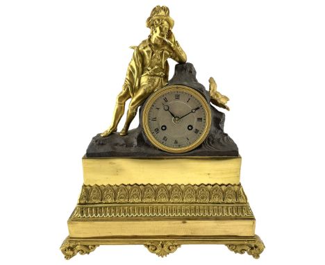 Louis Phillipe - 8-day French striking mantle clock circa 1840, with a figure of an 18th century seated gallant in contemplat