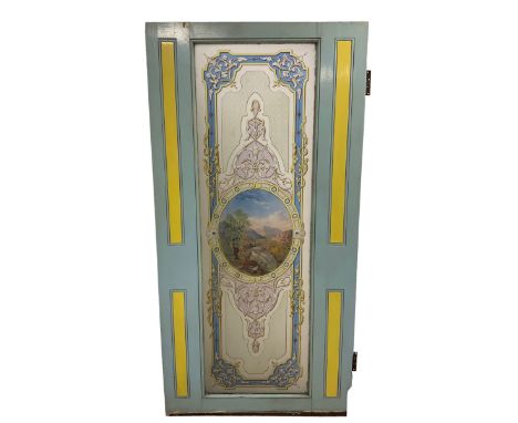 19th century painted wood and glass panel door, the frosted glass pane decorated with central Alpine waterfall landscape in a