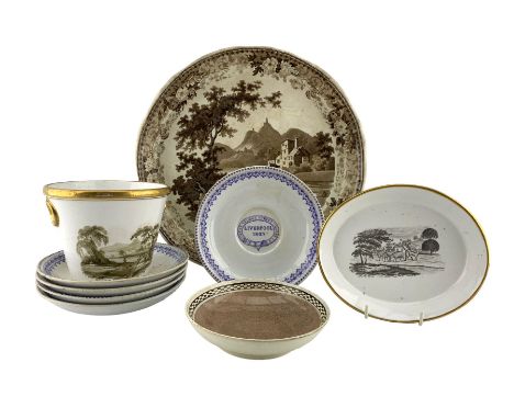 Early 19th century cache pot, probably Coalport, with fixed gilt ring handles and rim, painted en grisaille with two mountain