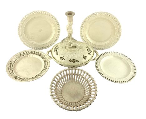 Collection of creamware to include a late 18th/ early 19th century creamware basket and cover, of oval form with entwined bra