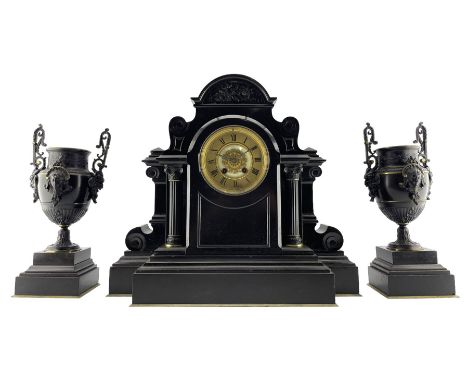 French - Belgium slate mantle clock and garniture c1880, in a breakfront case on a deep stepped plinth, rounded top with rece