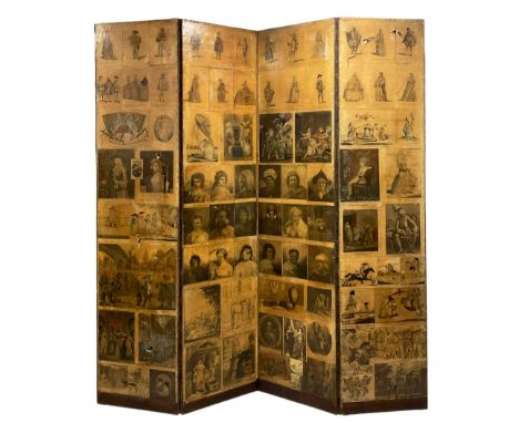 18th century decoupage four panel folding screen, each panel applied with engraved and hand-coloured plates from various fash