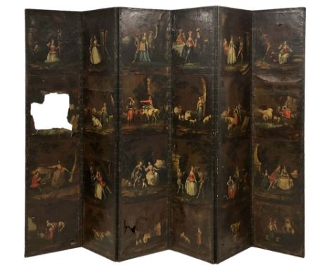 Late 18th century Dutch painted leather six panel screen, each panel depicting four 'F�te Galante' scenes inspired by Watteau