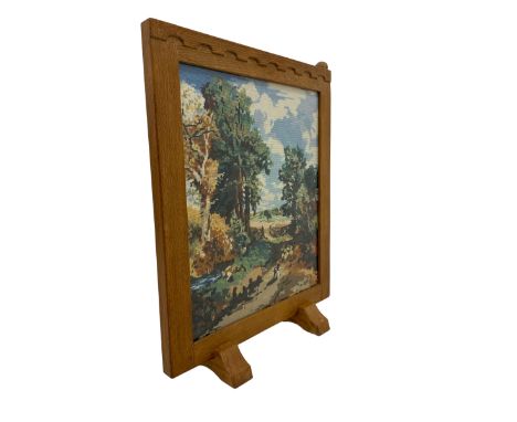 Rabbitman - Yorkshire oak fire screen, with needlework panel depicting a rural scene with sheepdog herding sheep, carved with