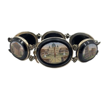 19th century Grand Tour micro mosaic bracelet composed of six oval panels depicting Roman Architecture, including The Colosse