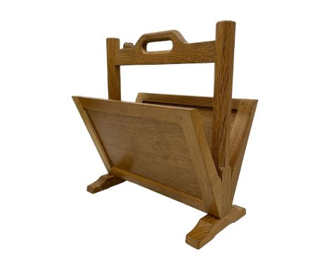 Mouseman - oak magazine rack, shaped cresting rail with pierced handle and carved mouse signature on octagonal supports, two 