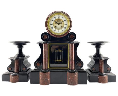 Mougin of Paris - late 19th century 8-day Belgium slate mantle clock with a pair of conforming tazas, waisted case with glaze