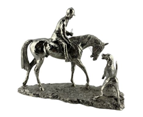 20th century silver-plated model of a Huntsman on Horse and Hound, on naturalistic rocky base, L33cm x H26cm 