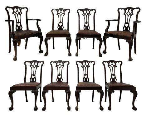 Set eight 19th century mahogany Chippendale design dining chairs, shaped cresting rail over pierced splat with foliate carvin