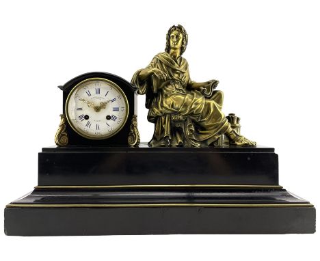 Late 19th century 8-day French mantle clock - in a Belgium slate drumhead case on a stepped plinth with brass banding and sur