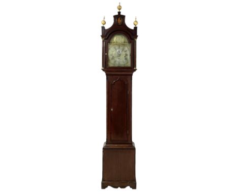 Late 18th century - 8-day three train chiming oak longcase clock, with a pagoda pediment and three wooden gesso finials, brea