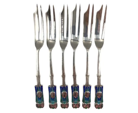 Set of six Art Nouveau silver and enamel pastry forks designed by Archibald Knox for Liberty &amp; Co., each with stylized tu