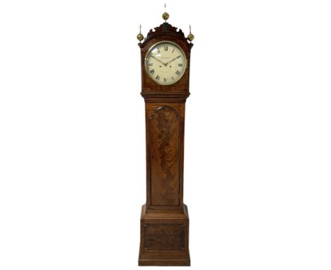 Grimalde of London - Mahogany 8-day longcase clock c1805, with a break arch scroll carved pediment and three ball and spire f