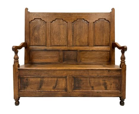 19th century oak settle bench, the high back with four arch shaped panels, scrolled arm terminals with turned arm supports, r