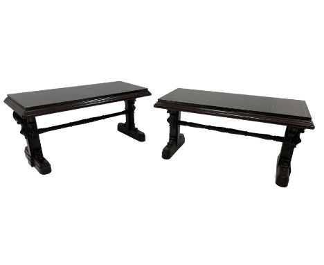 Pair of 19th century mahogany entrance tables, with rectangular marbled tops with applied gilt lining on step-moulded rails, 