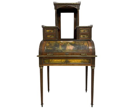 20th century French Empire design mahogany cylinder roll bureau, raised canopy top over bevelled mirror back supported by flu