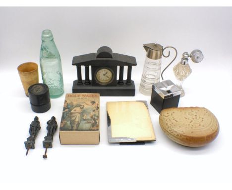 A mixed lot, including a mantle clock, glass perfume bottle, horn cup, boxed Holy Water, Art Deco photo frame etc.