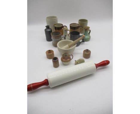 A collection of kitchenalia, Prinknash pottery, salt glazed mugs etc.