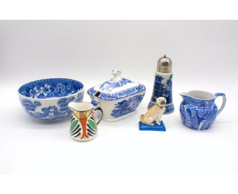 A quantity of ceramics, including blue and white Spode and Ironstone, a bulldog figure and a Delphine China pattern jug, from