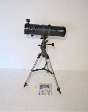 A Celestron AstroMaster 130 astronomers telescope, with adjustable tripod stand, instructions, user manual etc.