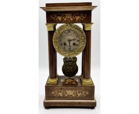 French rosewood and marquetry portico clock with gilt metal mounted columns, gilt metal pendulum and circular dial signed Ler