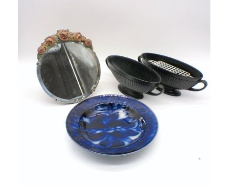 A folding dressing table mirror, along with a blue glazed ceramic plate etc.