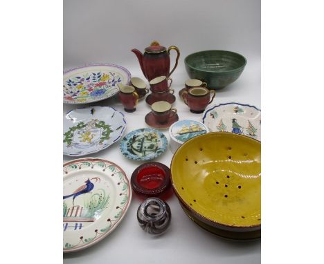 A Carlton Ware Rouge Royale part coffee set along with a Fladgate glass vase, Quimper plate, Poole pottery bowl etc.