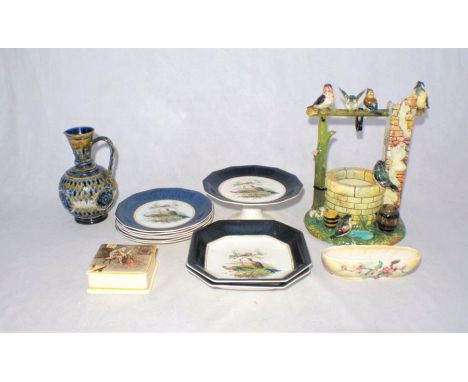 A ceramic sculpture of birds on a well, signed 'Delpin Nassier' to base, along with Wedgewood plates, a Royal Doulton jug etc