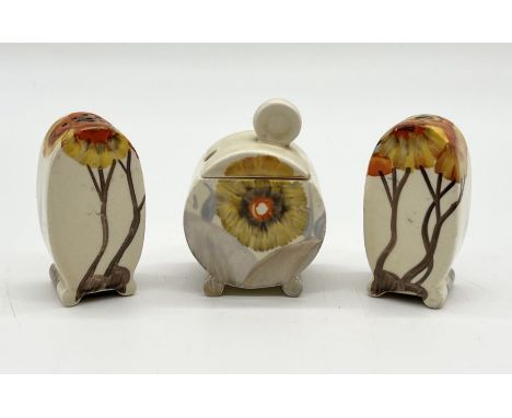 A Clarice Cliff Rhodanthe Bonjour miniature three piece cruet set