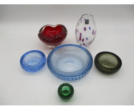 A collection of five pieces of Whitefriars glass including molar vase, bubble glass bowls (one marked to base with Goodyear) 