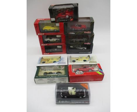 A small collection of various boxed die-cast cars including three Model Best Ferrari Monza's, two Lledo Promotionals, Brumm, 