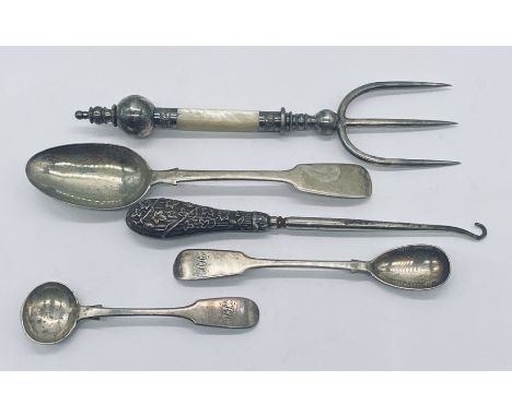 A silver plated muffin fork, three hallmarked Exeter silver spoons  and silver handed button hook