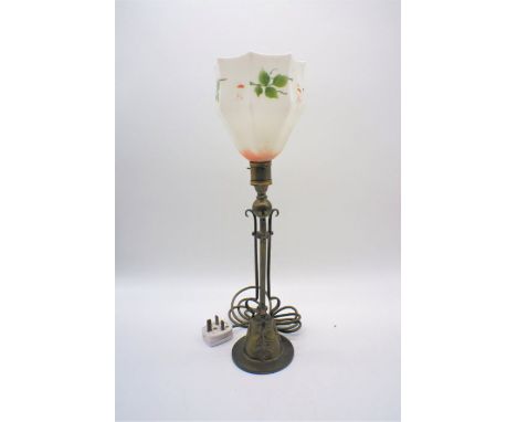 An Art Nouveau 'Benson' style brass lamp, with painted glass shade, height 49cm.