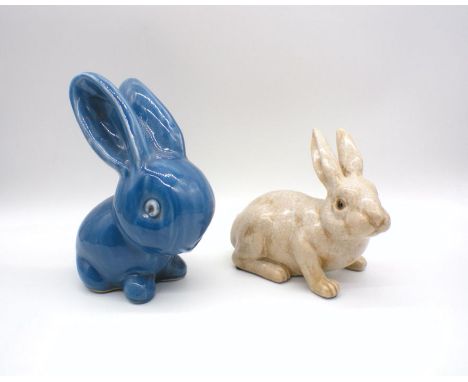 A Denby Ware blue ceramic rabbit, A/F, along with another rabbit figure with crackle glaze.