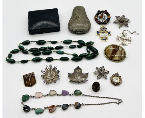 A collection of costume jewellery etc. including a compass, Sterling silver necklace, malachite, silver filigree, jewellery b