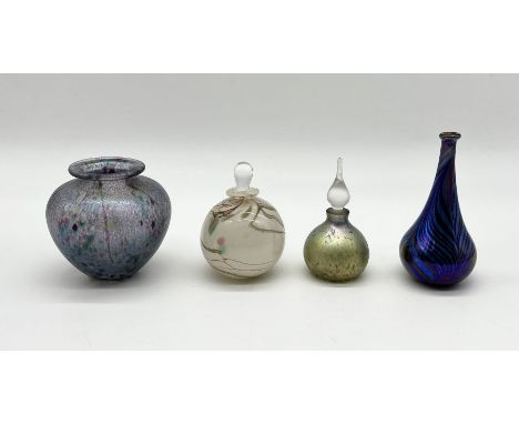 A collection of art glass including Okra scent bottle and another with indistinct signature 