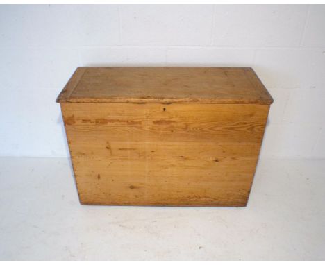 A narrow pine trunk, with iron handles, length 86cm, height 62cm, depth 36cm.