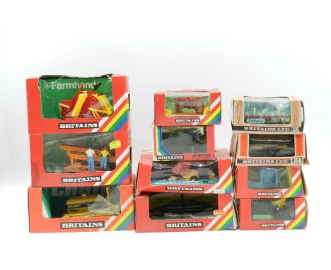 Eleven Britains boxed farm machinery models, comprising of Potato Harvester (9535), Hay Baler (9556), Round Baler (9532), Pot